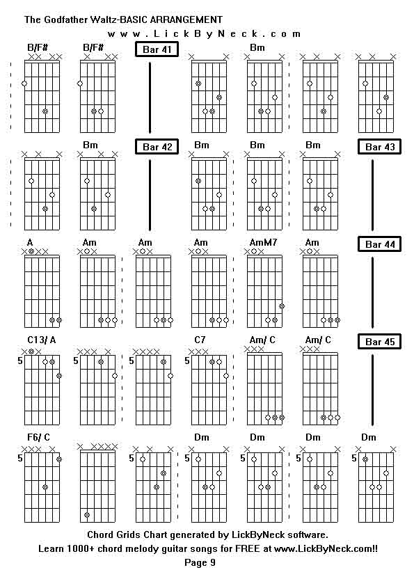 Chord Grids Chart of chord melody fingerstyle guitar song-The Godfather Waltz-BASIC ARRANGEMENT,generated by LickByNeck software.